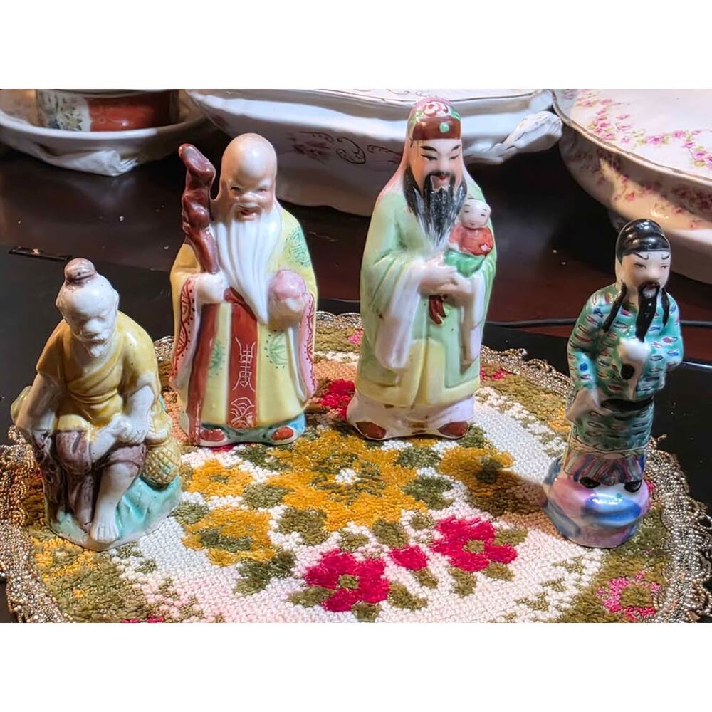 Vintage Porcelain Statues Fu Lu Shou, the Three Star Gods of Chinese Mythology